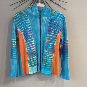 Rising International Boho Blue Orange Art to Wear Tie Dye Full Zip Hoodie